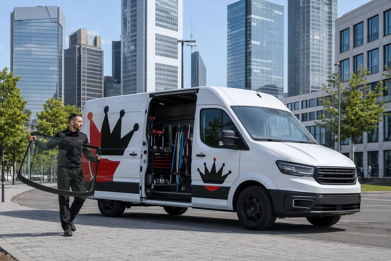 Mobiler Autoglas-Service von Autoglas König unterwegs in Wiesbaden – Service-Fahrzeug und Techniker mit neuer Windschutzscheibe